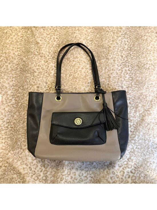Anne Klein Handbags - Anne‎ Klein Black Taupe Pebbled Tote Bag Work Purse Large Tassel Officecore